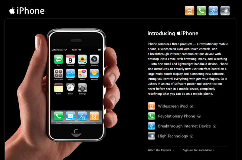 Stránka Apple po predstavení prvého iPhonu